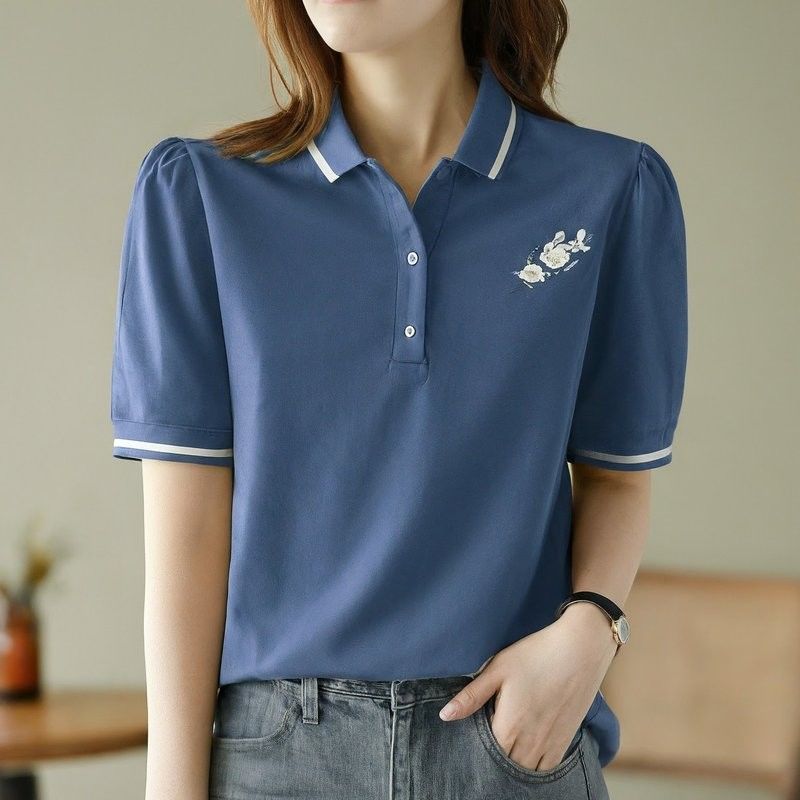 Sommer-Baumwoll-Damen-Polo-Shirts benutzerdefinierte Farbe Blau-Weiß Stickerei Puff-Druck