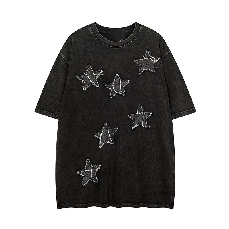 Hochwertige Straßenkleidung für die Crew Hals T-Shirt Applique Patches Stickerei Säure gewaschen Vintage T-Shirt