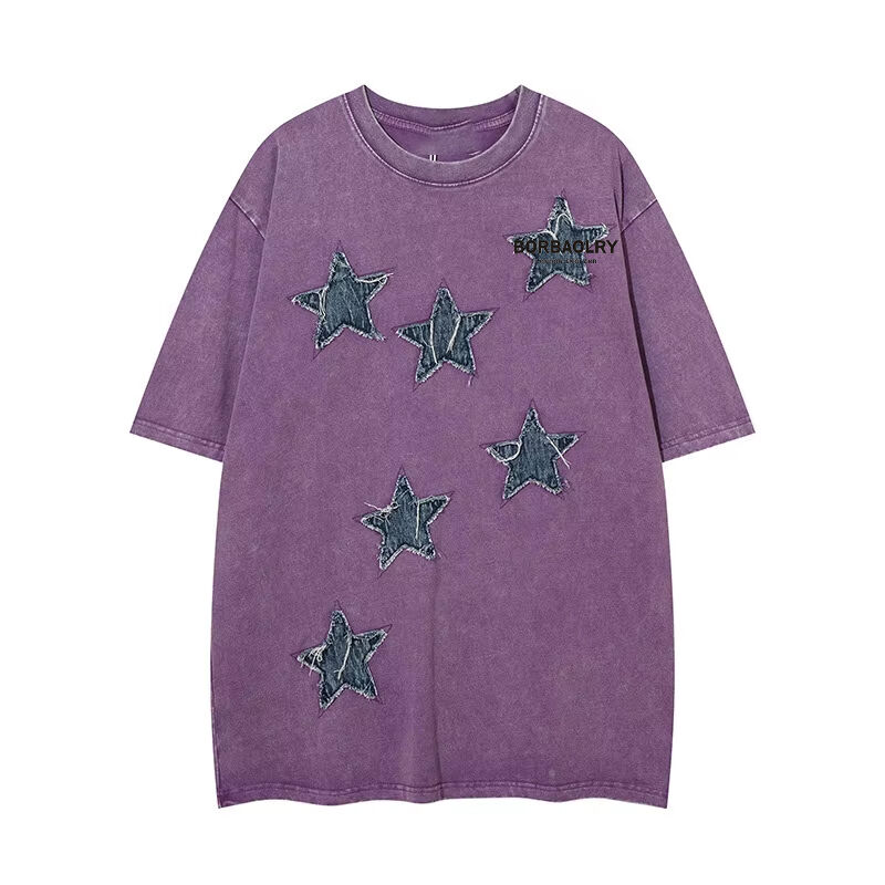 Hochwertige Straßenkleidung für die Crew Hals T-Shirt Applique Patches Stickerei Säure gewaschen Vintage T-Shirt