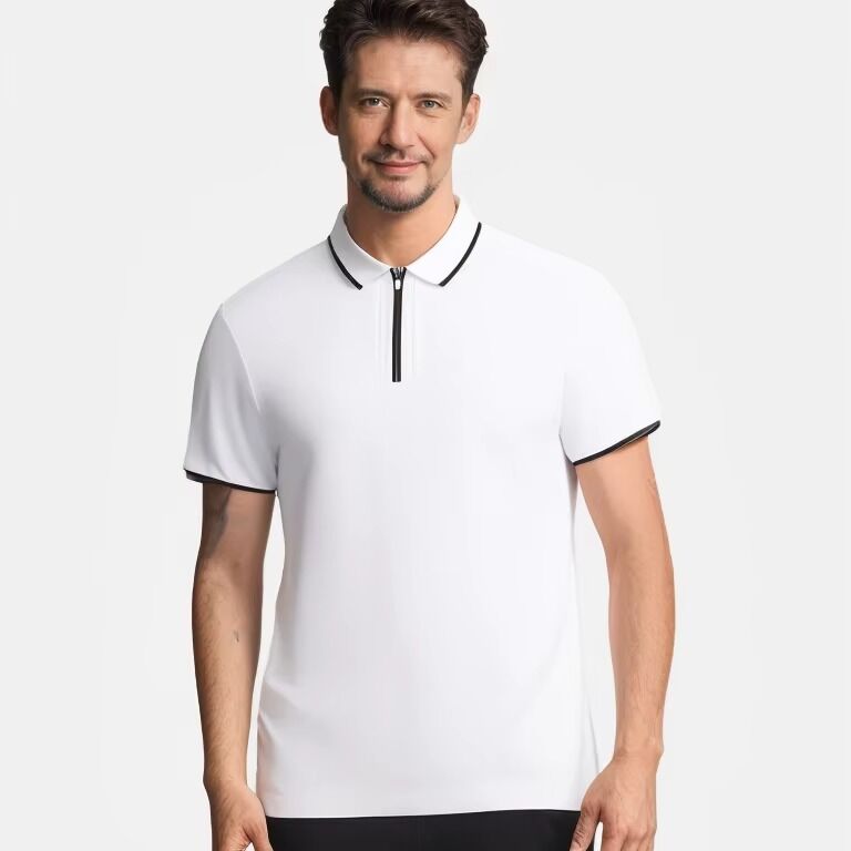 Herren Baumwoll-POLO Golf T-Shirt mit halbem Reißverschluss, kurzen Ärmeln, atmungsaktiv, Strickstil mit hochwertiger Knopfdekoration