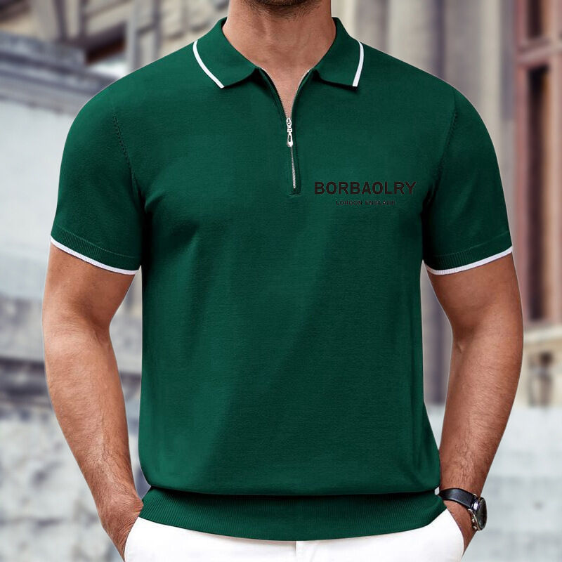 Europäischer Stil Sommer Männer Casual Business Polo Shirt Baumwolle Gewebe Feststrickmuster mit Reißverschluss Lapel Reißverschluss