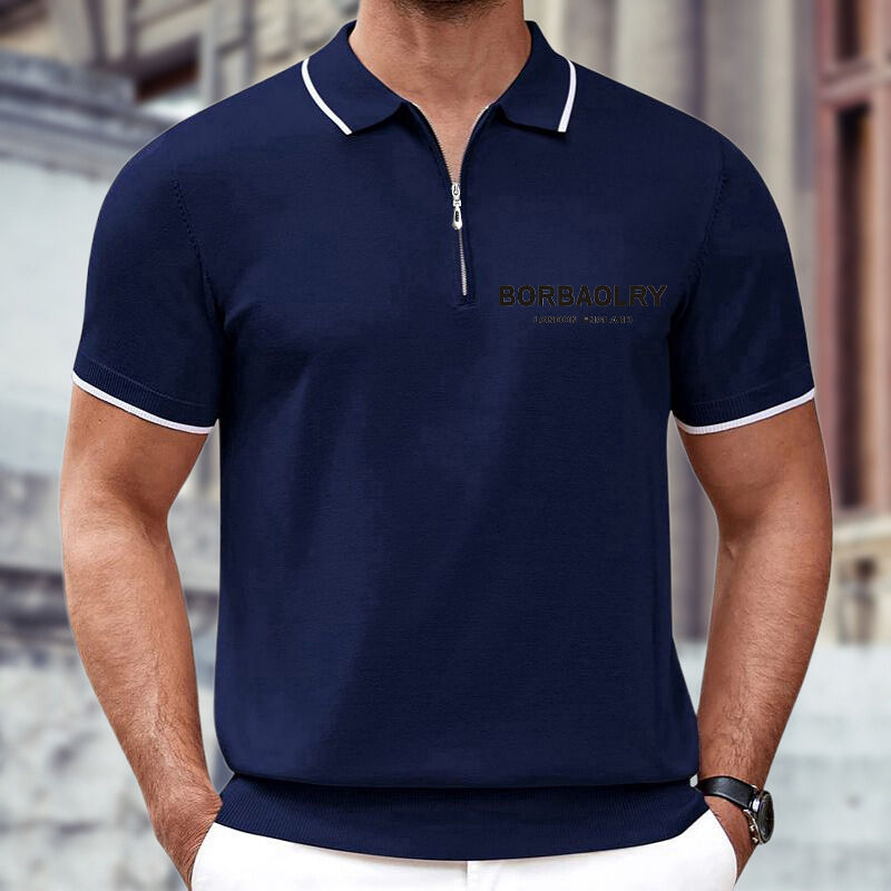 Europäischer Stil Sommer Männer Casual Business Polo Shirt Baumwolle Gewebe Feststrickmuster mit Reißverschluss Lapel Reißverschluss